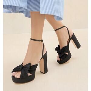 Loeffler Randall Natalia Black Silk Bow Pleated Platform Heel Sandals 6 NWT